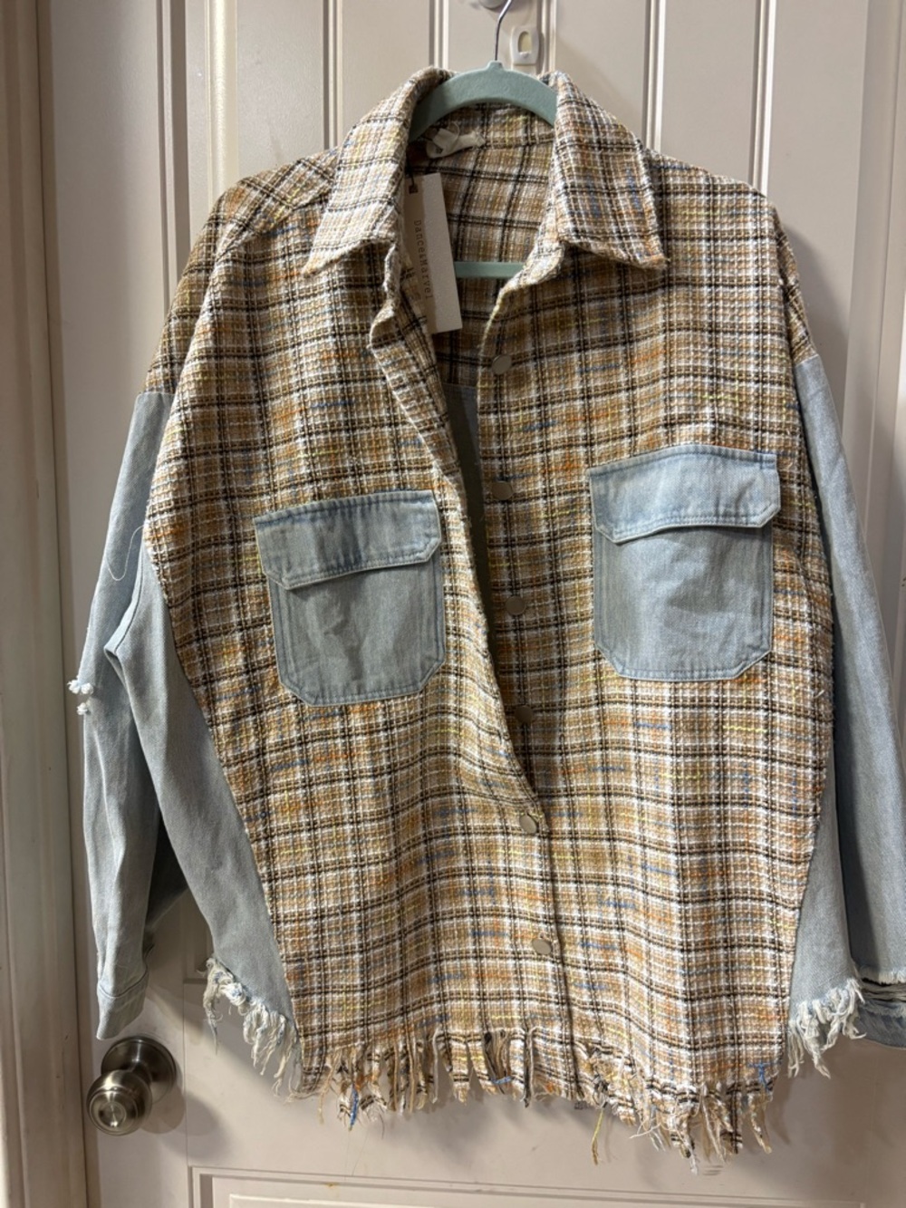 Dance & Marvel Plaid Tan Jacket with Light Blue Denim Sleeves